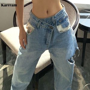 Womens Jeans Karrram Vintage Asymmetrical Waist Hole Straight Loose Denim Pants Casual Wide Leg Streetwear Mom 221121