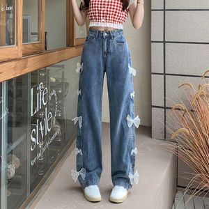 Dames jeans kawaii casual zoete hoge taille kanten boog los rechte denim broek y2k Koreaanse mode harajuku streetwear wide been broek 230530