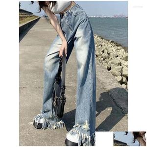 Jeans pour femmes coréen gland déchiré jambe large femmes surdimensionné rétro y2k streetwear hip hop lavé lâche pantalon droit décontracté drop del otlrj