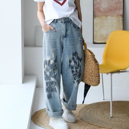 Jeans para mujer MICOCO N7116C Lavado artístico rasguño agujero atado hilo suelto cintura alta recta trapeador pantalones de mezclilla 230614