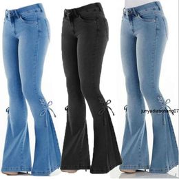 Pantalones vaqueros para mujer de cintura media con cordones y pantalones acampanados elásticos para mujer