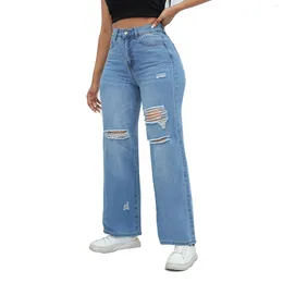 Jeans pour femmes pantalon wo bouton-chemise couleurs solides classiques déchirure lavage de la jambe droite pantalon jean pour les femmes avec des trous