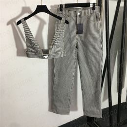 Femmes Jeans Pantalon Lettre Badge Sling Tops Sous-Vêtements Deux Pièces Mode Dames Stripe Taille Haute Denim Pantalon Vêtements