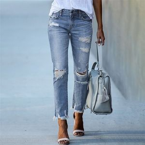 Dames jeans potloodbroek gescheurd slank fit high taille vintage streetwear casual mode rek blauwe vrouw 221115