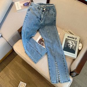 Damesjeans vastgemaakt kraal hoge taille split jeans voor vrouwen lente herfst stijl rechte buis dunne wijd uitlopende broek trend 230530