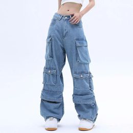 Womens Jeans Poche couleur unie salopette jean femmes Y2K rue rétro ample jambe large salopette Couple décontracté Joker vadrouille jean pantalon femmes 231208