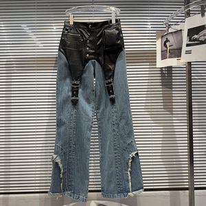 Dames jeans prepomp 2023 herfstcollectie zakken pu lederen patchwork taille blauwe denim broek vrouwen gescheurd lange gl256