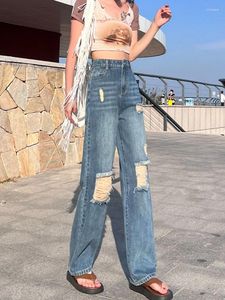 Jeans pour femmes rétro bleu haut taille large jambe large pantalon streetwear pantalon y2k mode 2024 Hole en denim en vrac vintage