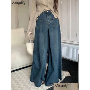 Jeans pour femmes S4XL Jean Vintage Lâche Taille Haute Élégant Streetwear Chic Large Jambe Style Coréen Mode Allmatch Automne Rétro Bleu Drop Otkfa