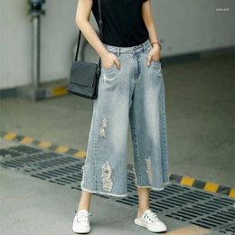 Dames jeans zeven punten vrouwen zomer dunne hoge taille losse wide been denim broek vrouwelijk gescheurde vintage casual mode broek