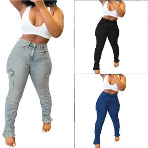 Jeans Femme Poche Latérale Femmes Empilées Taille Haute Moulante Designer Denim Jean Stretch Slip Hem denim Boyfriend Pantalon Pantalon En Gros