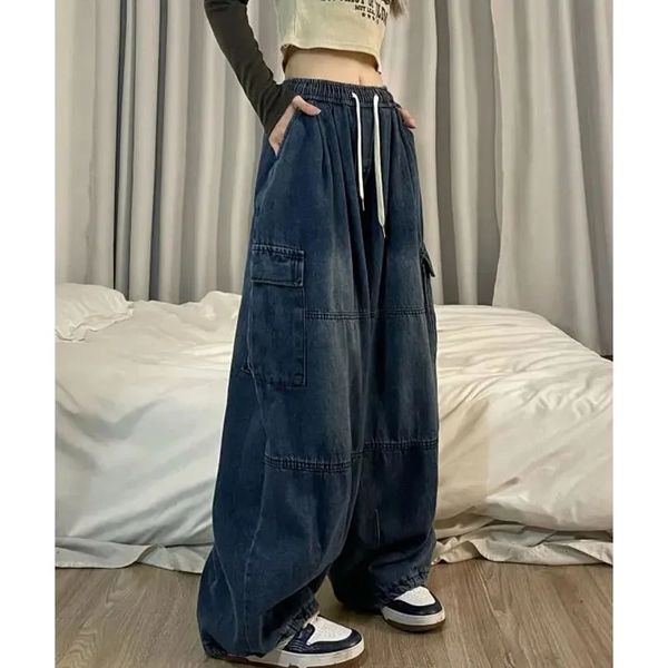 Jeans pour femmes printemps automne cordon élastique taille haute Baggy pantalon pour femmes Vintage droit Y2k Harajuku mode Simple Denim 231005