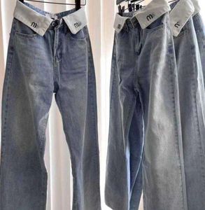 Jeans para mujeres Pantallas de baja altura de la pierna recta MIU Rollo de la cintura Bordado del diseñador de bordado Mujeres sueltas se vean delgadas y cubren sus caderas sin define