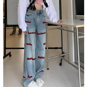 Dames jeans streetwear letter borduurwerk vrouw hoge taille y2k rechte baggy broek Koreaanse mode trend broek 230530