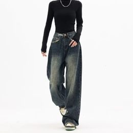 Jean femme Streetwear rétro mode été femmes taille haute ample jambe large pantalon en Denim droit Y2K Baggy pantalon 231005