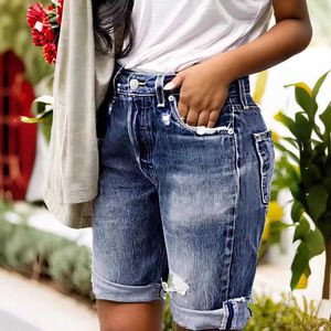 Dames jeans zomerwater gewassen elastisch gepersticeerde geperforeerde omgedraaide slank fit denim shorts