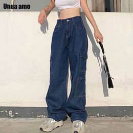 Dames jeans unua amo vintage hoge taille baggy streetwear multipocket lading broek denim rechte broek casual 230313