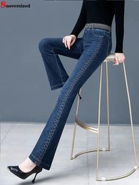 Damesjeans Vintage Hoge Taille Flare Lente Denim Broek Afdrukken Pantalones Femme Big Size 75kg Stretch Vaqueros Casual Skinny Hose 231219
