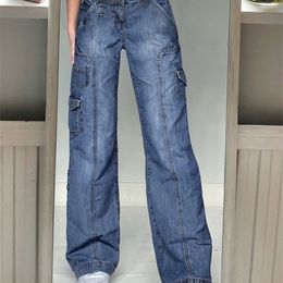 Jeans para mujer Waatfaak Harajuku Bolsillos Patchwork Cargo Y2K Azul oscuro Cintura alta Streetwear 90S Baggy Mujeres Pantalones Pierna recta 220919