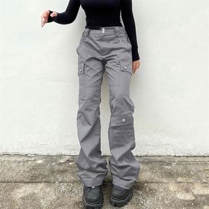 Jeans pour femmes WeiYao gris décontracté poche cousue pantalon Cargo femmes taille basse Vintage Streetwear mode coréenne pantalon en Denim droit 221115