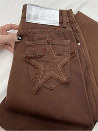 Womens Jeans Wijde Pijpen Star Pocket Vintage Rechte Broek Hoge Taille Baggy Streetwear Casual Bruin Denim Broek Dames 230519