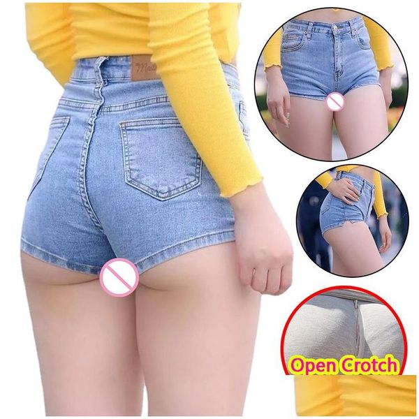 Jeans pour femmes Femme Sexy Open Crotch Mini Pantalon sans entrejambe érotique avec Den Zipper Push Up Booty Lift Voir à travers les shorts Drop extérieur Dhcoy