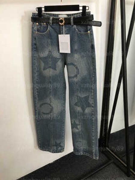 Jeans para mujer Mujer Pantalones de pierna recta Patrón de estrella de cinco puntas Talle alto Pantalones de mujer ajustados Cinturón negro Ropa de diseñador para mujer de alta calidad