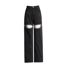 Pantalones vaqueros para mujer Moda Diamantes Empalme Rasgado Corte Frente Amor Espalda Pierna ancha 2024 INS Street Denim Pantalones