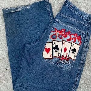 Womens Jeans Y2K Mode Harajuku Hip Hop Poker Grafische Retro Blauw Baggy Denim Broek Heren Gothic Hoge Taille Brede Broek 231206