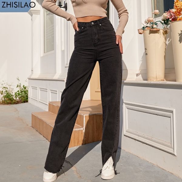 Jeans femme ZHISILAO noir droite femmes petit ami fourche fendue jambe large Denim pantalon Streetwear taille haute maman 230313