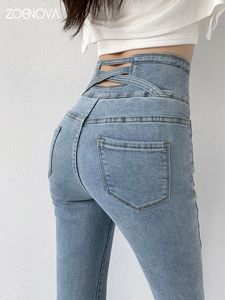 Jeans para mujer ZOENOVA Lápiz flaco Cuatro botones Vintage Cintura alta Mujeres Pantalones de mezclilla elásticos delgados Pantalones ajustados 230313