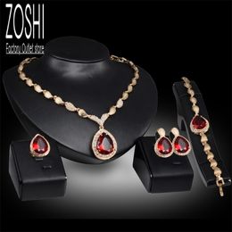 Dames sieraden set bruiloftsfeest Water drop rood cz kristallen ketting oorbellen armbandring Indian Gold Poled 220812