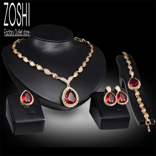 Conjunto de joyas para mujer Fiesta de bodas Gota de agua Collar de cristal de circonia cúbica roja Pendientes Anillo de pulsera Chapado en oro indio 220812