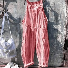 WomenS Jumpsuit Casual Fashion Pocket Tie Sleeveless Striped Backless Cotton Linen Female Playsuit Monos Largos 240429