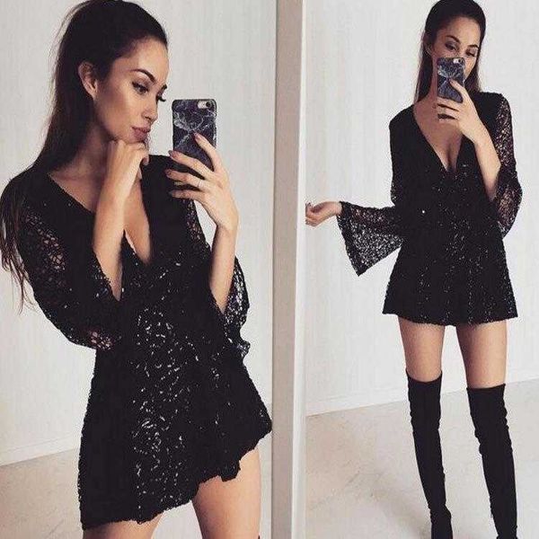 Womens Jumpsuit Deep V Sexy Long Sleeve Lace Hollow Out Sequin Fitted Waist