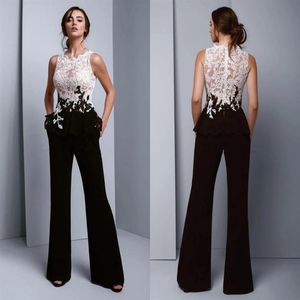 Dames jumpsuit elegante formele avondjurken 2022 witte kanten zwarte broekpakken zie hoewel top prom bruidsmeisje feestjurk plus siz222l