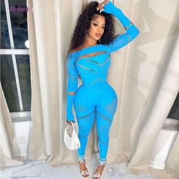 Dames jumpsuit effen herfst ronde hals lange mouw uitgehold diamanten gesplitst slim fit sexy hoge taille rompertjes jumpsuits onepiece dameskleding