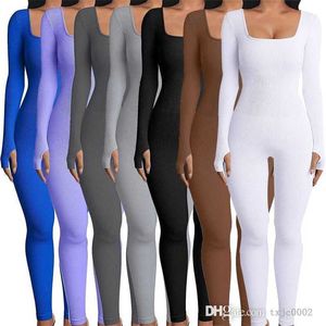 Dames Jumpsuits 2023 Lente Mode Kleding Lage Kraag Lange Mouwen Elegante Bodysuits Geribbelde Gebreide Effen Kleur Yoga Broek