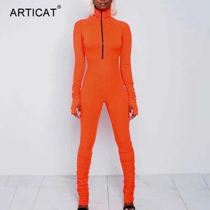 Combinaisons pour femmes Barboteuses Articat Combinaison moulante zippée à col roulé pour femme avec manches longues et costume moulant orange fluo pour femme r J240224