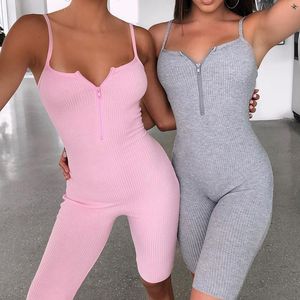 Femmes Combinaisons Barboteuses Dos Nu Bodycon Combishort Femmes Sexy Spaghetti Strap Ribbed Cami Jumpsuit Shorts rose Zip Up Party Club Romper 230520
