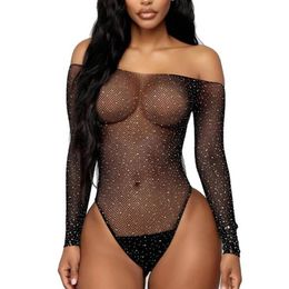 Monos para mujer Mamelucos Rebordear Body ajustados Hombro Sexy Diamantes Cuerpo Encaje Sparkle Transparente Mujeres Atractivo Manga larga Hueco R80877 230520