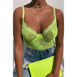 Femmes Combinaisons Barboteuses BKLD Été Néon Vert VNeck Dentelle Spaghetti Strap Body Femmes Transparent Sexy Combinaison Salopette Partie 230520