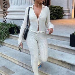 Dames jumpsuits rompertjes BOOFEENAA geribbelde gebreide jumpsuit met knopen, tweedelige set herfst-winterkleding sexy witte bodycon met lange mouwen C88GE50 221115