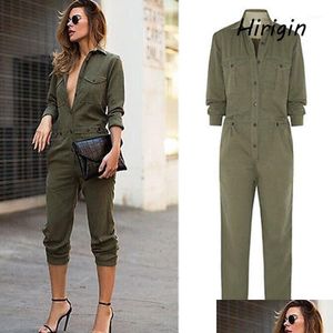 Jumpsuits para mujeres Rompers Cool Girls Long Safari Manga Ejército verde Solid Casual Bodysuit Ladies Vintage Moda Fashion Mujer Deliv Dhrr9