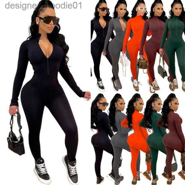 Womens Jumpsuits Rompers Automne et hiver femmes mode sport combinaisons loisirs body serré à manches longues pantalon siamois fermeture éclair barboteuses moulante Capris L23091