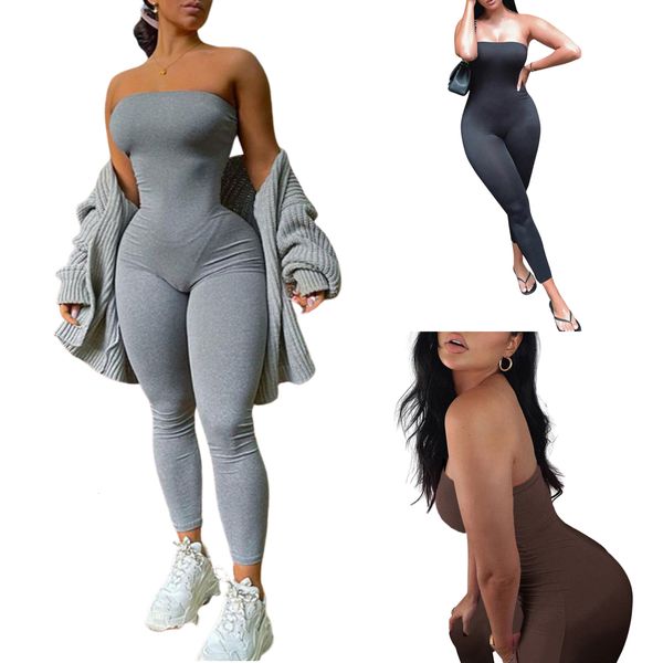 Monos para mujer Mamelucos hirigin Mujeres Closefitting Sexy Jumpsuit Offtheshoulder Tube Top Sin mangas Sexy Romper General Negro Gris Marrón 230729