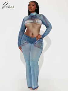 Dames jumpsuits rompertjes Joskaa imitatie denim body print jumpsuit voor dames hipster sexy lange mouwen strakke montage uit één stuk set voor lente 2024 Y J240224