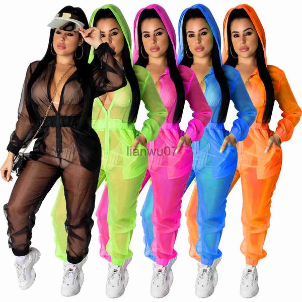 Combinaisons pour femmes Barboteuses Combinaison en maille Noir Vert Bleu Orange Combinaison une pièce à capuche Sheer See Through Jumpsuit Bodycon Party Club Outfits Mono Muje J230629