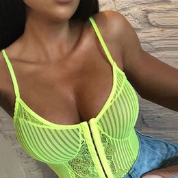 Combinaisons pour femmes Barboteuses OMSJ est Femmes Neon Green Orange Stripe Lace Body Sheer Sexy Floral Broderie Playsuit Night Out tenues Party 230520