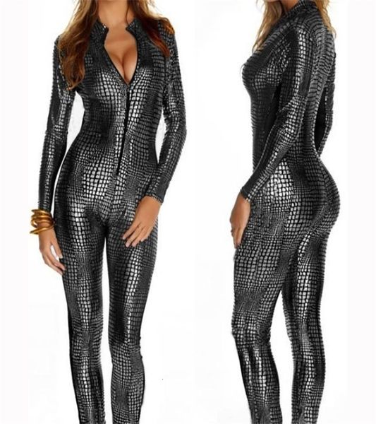 Monos para mujer Mamelucos Mujeres sexy Piel de serpiente Catsuit de cuero sintético Body ajustado Cremallera frontal Wetlook Bodystocking elástico Erótico1792948